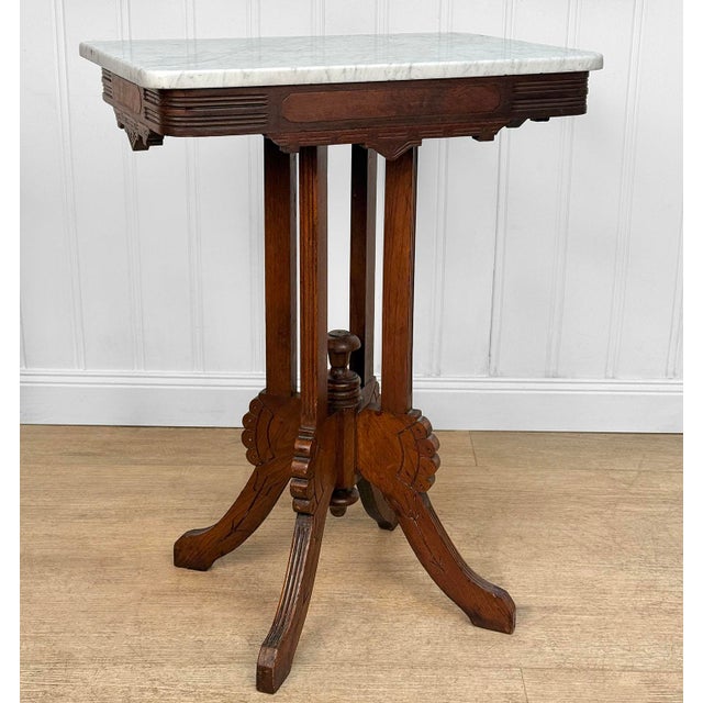 Victorian Antique Eastlake Victorian Walnut Marble Top Rectangle Parlor Table For Sale - Image 3 of 16