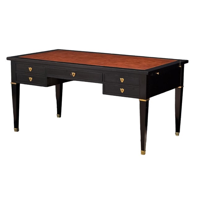 Wood Large French Louis XVI Ebonized Writing Table or Desk With Embossed Leather Top For Sale - Image 7 of 15
