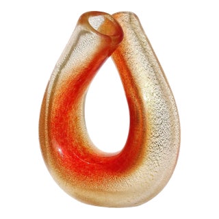 Seguso Murano Vintage Red Orange Gold Flecks Italian Art Glass Double Mouth Tube Flower Vase For Sale