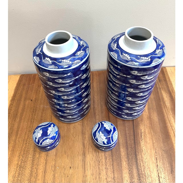 Chinoiserie Schaol Blue and White Ceramic Ginger Jars With Fish Design - Set of Two For Sale - Image 3 of 8