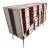 Commode with 4 drawers, entirely handmade, with wooden structure, covered in white and burgundy glass; Golden brass...
