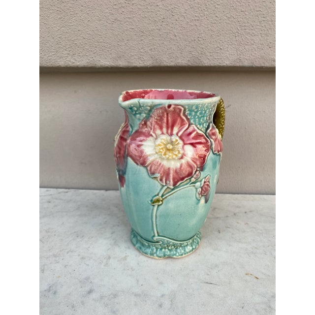French Majolica Wild Rose Pitcher Fives Lille, Circa 1900 For Sale - Image 4 of 7