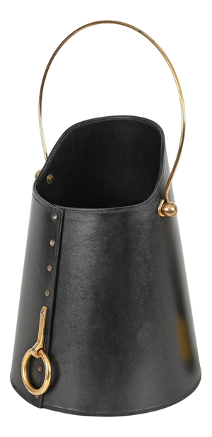 Italian Black Leather and Brass Decorative Coal Bucket or Waste Bin, 1950s