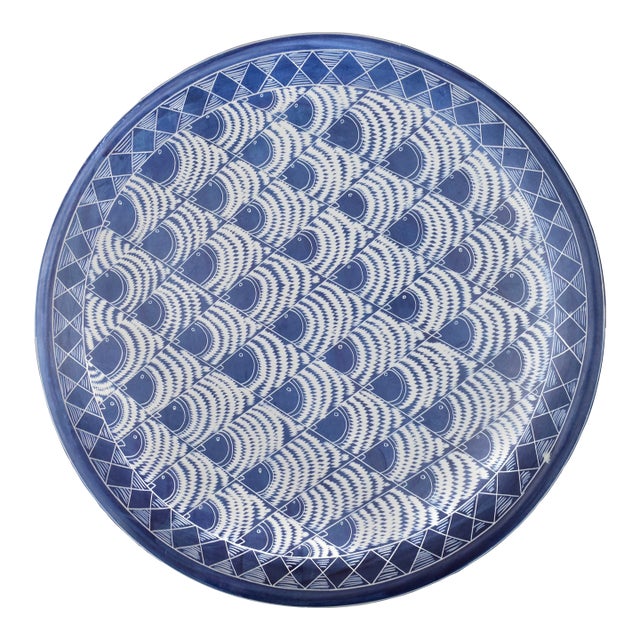 Vintage Handcrafted West-African Blue-Patterned Soapstone Decorative Plate For Sale