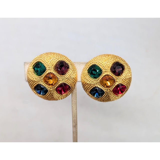 American Vintage Signed Napier Round Goldtone Jewel Tone Rhinestone Clip Earrings-2 Pieces For Sale - Image 3 of 7