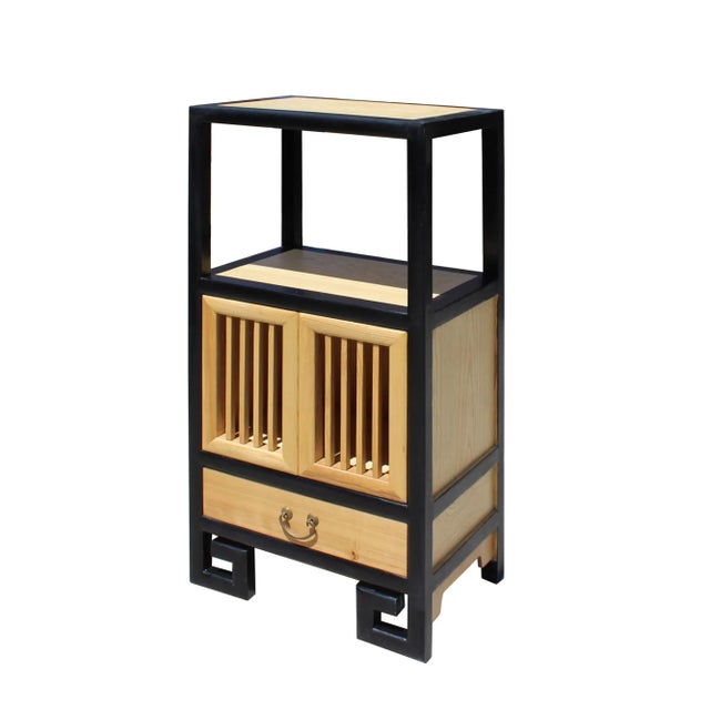Contemporary Oriental Black Rim Natural Wood Narrow Storage Display Bookcase Cabinet For Sale - Image 3 of 6