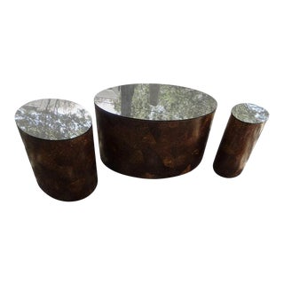 1970s Karl Springer Style Oval Coconut Shell Tables With Bronze Mirrored Tops-Set of 3 For Sale
