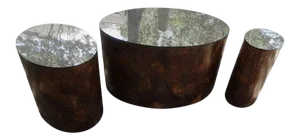 1970s Karl Springer Style Oval Coconut Shell Tables With Bronze Mirrored Tops-Set of 3