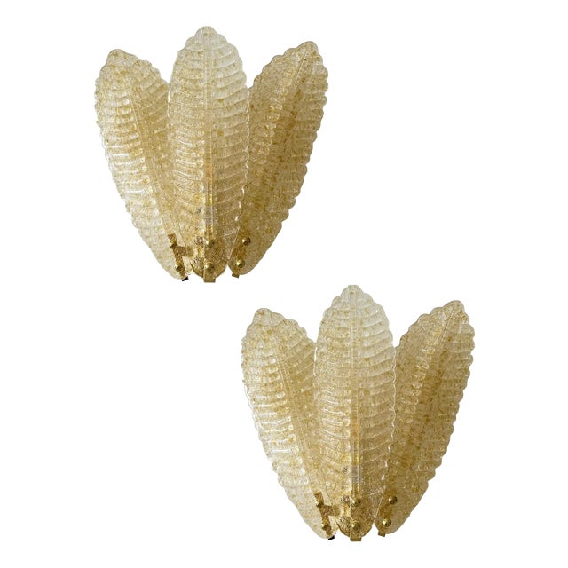 Venetian Wall Sconces in Amber Graniglia Leaves Murano Glass by Simoeng for Simoeng, Set of 2 For Sale