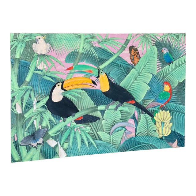 Vintage Vibrant Tropical Coastal Toucan & Parrot Painting on Cloth For Sale