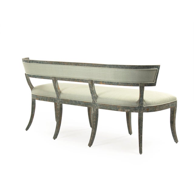 French Country Lorand Sage Silk Bench in Natural Birch Frame For Sale - Image 3 of 4