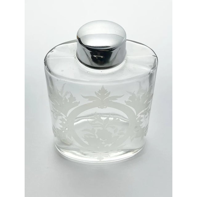 Contemporary Vintage Large Vanity Perfume Lotion Flask-Shaped Frosted Floral Glass Bottle For Sale - Image 3 of 6