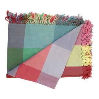 Mid 20th Century Woven Multicolored Gingham Check Block Cotton Table Cloth With Fringe For Sale