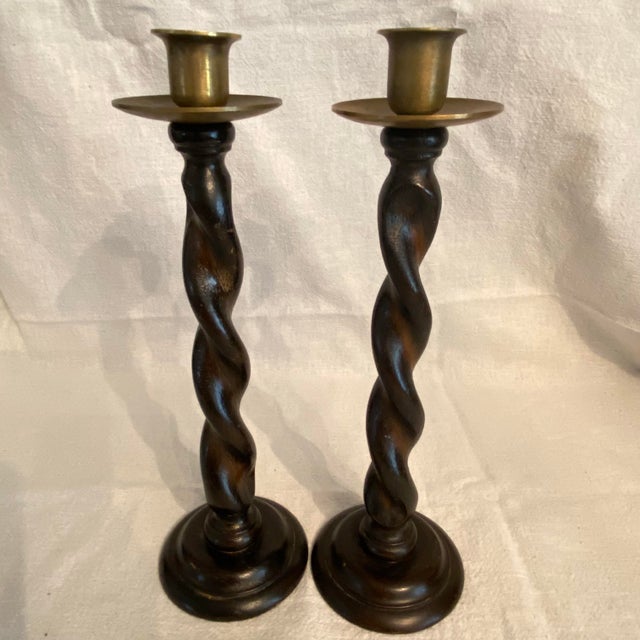 Wood English Barley Twists Wood & Brass Holder Candle Sticks-Set of 2 For Sale - Image 7 of 11