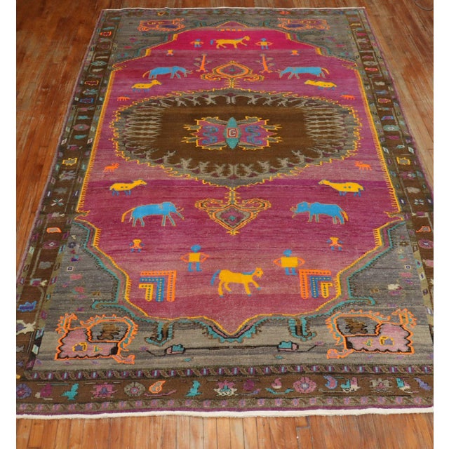 Mid 20th Century Whimsical Animal Human Figurative Turkish Rug For Sale In New York - Image 6 of 6