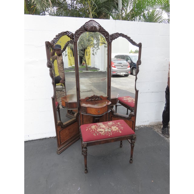 1920s Carved Tri Fold Vanity Makeup Dressing Table and Stool 6454 For Sale - Image 4 of 18