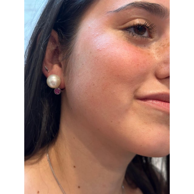 14 mm Round South Sea Pearl & Ruby Cocktail Stud Earrings 18 Karat White Gold, A Pair For Sale - Image 11 of 18