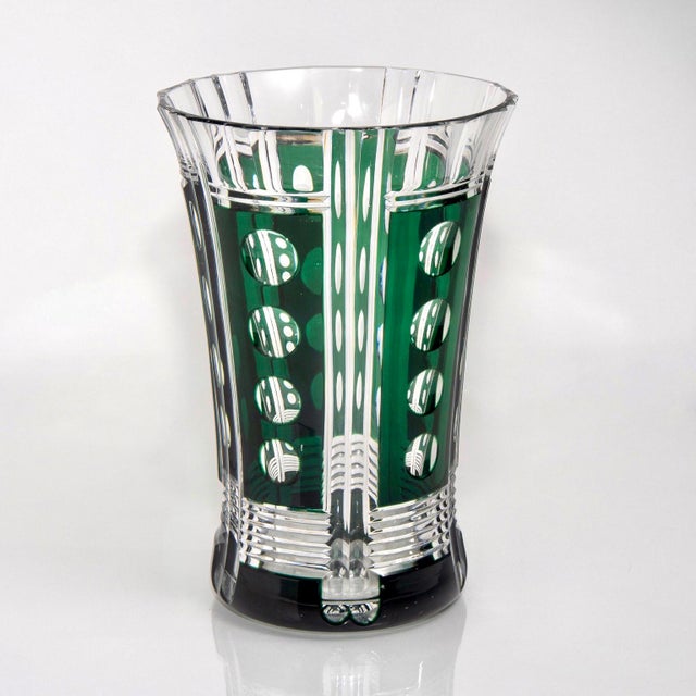 Bohemian Czech Crystal Glass Cut To Clear Emerald Green Vase