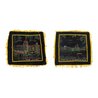 Vintage Mid-Century Black Velvet Irish Souvenir Pillow Covers - Pair (Galway Cathedral & Ashford Castle) For Sale