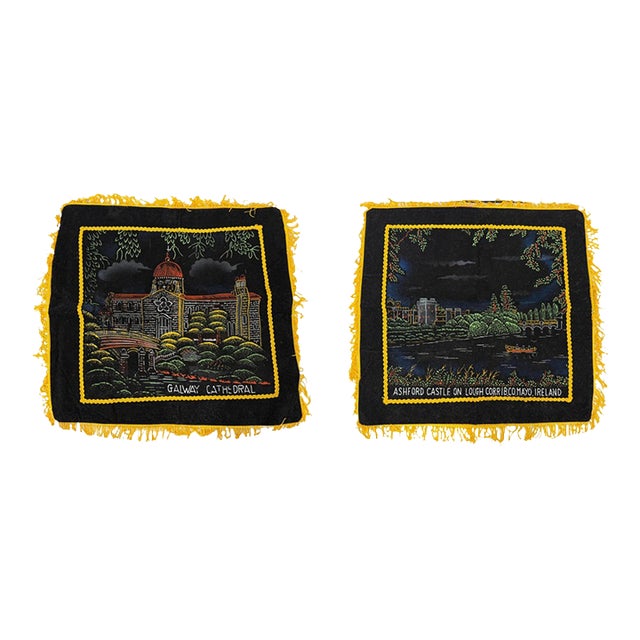 Vintage Mid-Century Black Velvet Irish Souvenir Pillow Covers - Pair (Galway Cathedral & Ashford Castle) For Sale