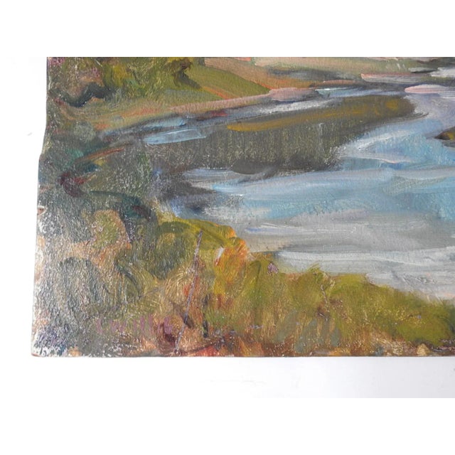 Vintge mid 20th century oil on board impressionist river landscape painting by Carl W. Illig (1910 - 1987) New York,...