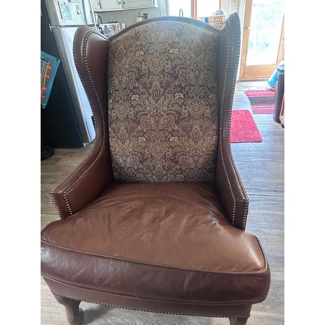 2000 - 2009 Vintage Century Furniture Leather & Tapestry Oversized Wingback Chair For Sale - Image 5 of 14