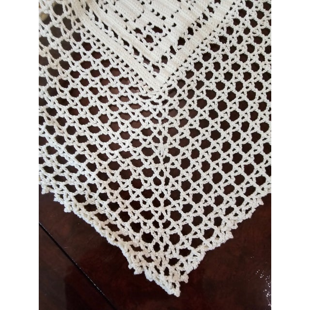 French Country Vintage Handmade Ivory Cotton Filet Crochet Tablecloth – Floral Diamond Pattern – 92" × 45" For Sale - Image 3 of 4