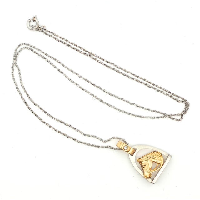 Late 20th Century Platinum and 18k Horse Head and Stirrup Pendant on a 20" Platinum Chain For Sale - Image 4 of 4