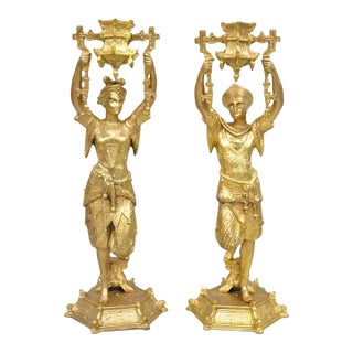 Antique Orientalist Gold Gilt Bronze Figural Male and Female Candlesticks - Pair For Sale