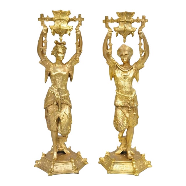 Antique Orientalist Gold Gilt Bronze Figural Male and Female Candlesticks - Pair For Sale
