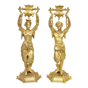 Antique Orientalist Gold Gilt Bronze Figural Male and Female Candlesticks - Pair