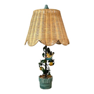Mid Century Italian Painted Tole Lemon Tree & Bird Lamp For Sale