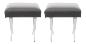 Lacquered Wood and Gray Silk Fabric Stools - a Pair