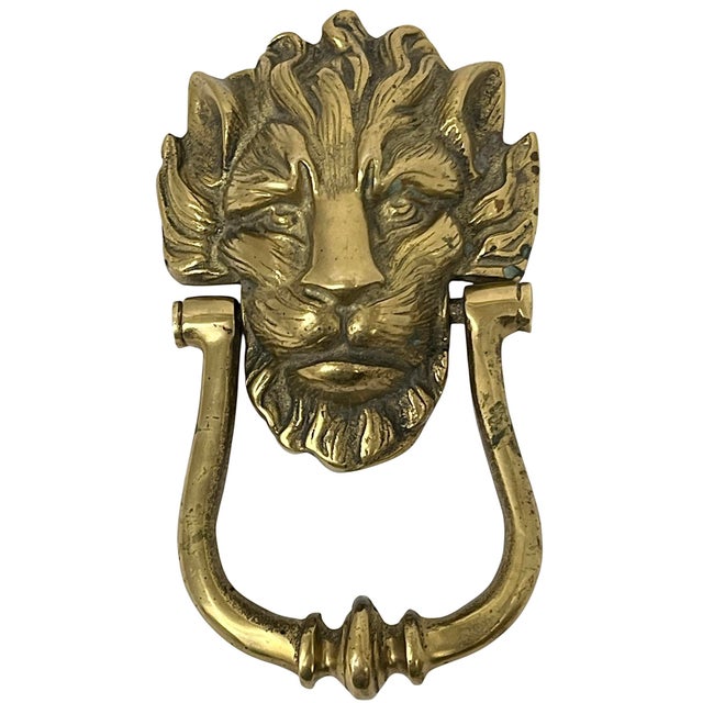 English Antique English Brass Lion Head Door Knocker For Sale - Image 3 of 10