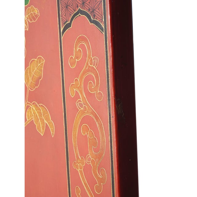 Antique Oriental Asian Red Coromandel Six Panel Folding Screen Birds in Garden For Sale - Image 12 of 16