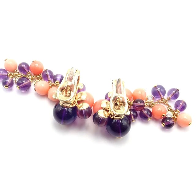 1980s Pair of Cartier Rose Gold Coral Amethyst Diamond Delices De Goa Earrings For Sale - Image 10 of 17