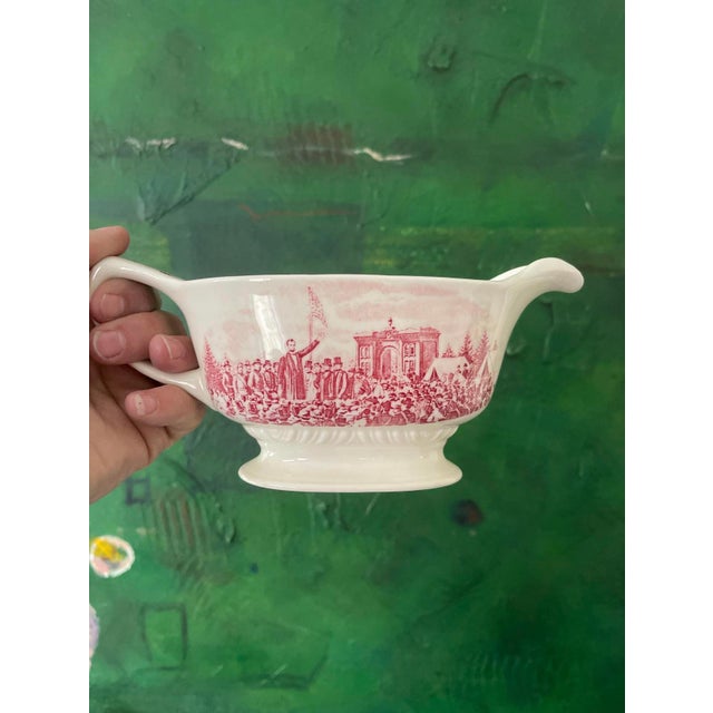 Lovely, vintage gravy boat, by Homer Laughlin, presented in a Rosie pink transfer pattern against a soft white. The...