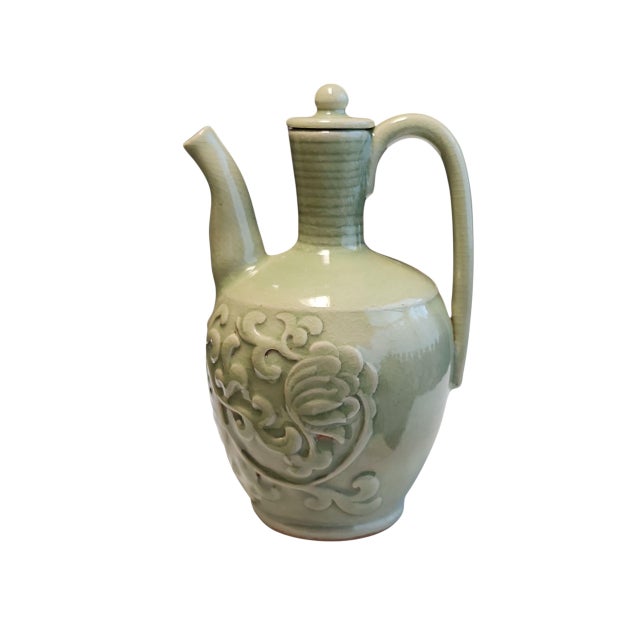 Chinoiserie Vintage Mengrai Kilns Celadon Yaozhou Style Ewer For Sale - Image 3 of 7