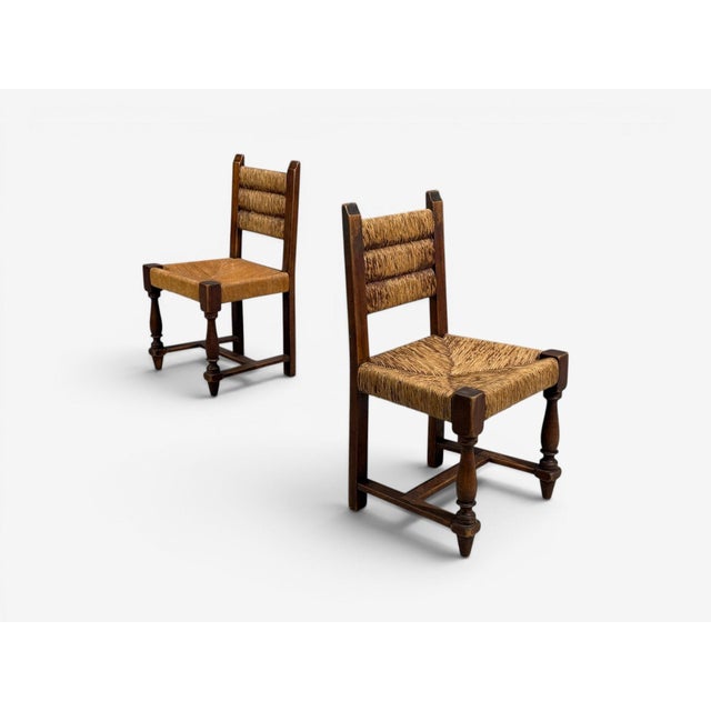 Wood Charles Dudouyt, Six Rustic Dining Chairs, Oak, Rush, France, 1940s For Sale - Image 7 of 16