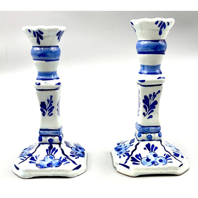 Vintage Dutch Delft Hand Painted Faience Candlesticks - A Pair For Sale - Image 10 of 10