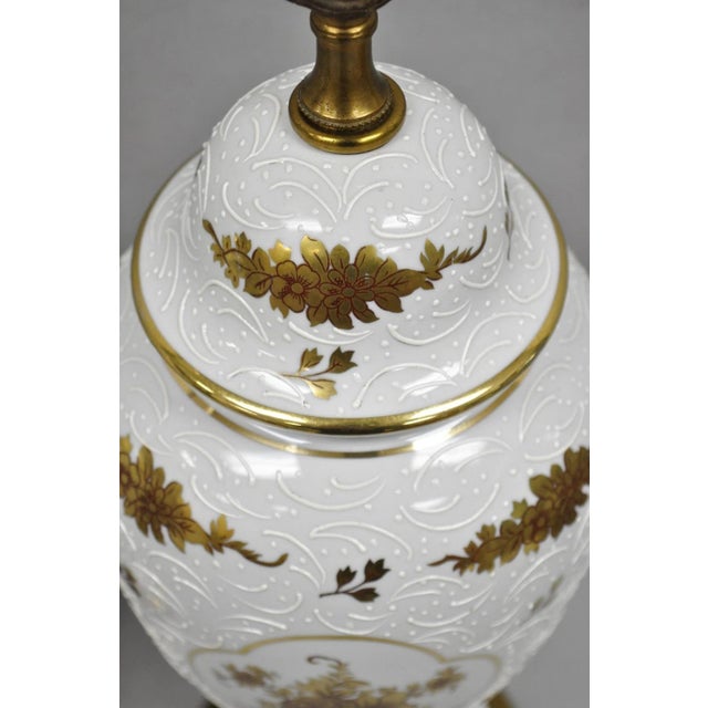 Mid 20th Century Vintage French Louis XV White Porcelain Ginger Jar Gold Flower Table Lamps Pair For Sale - Image 5 of 16