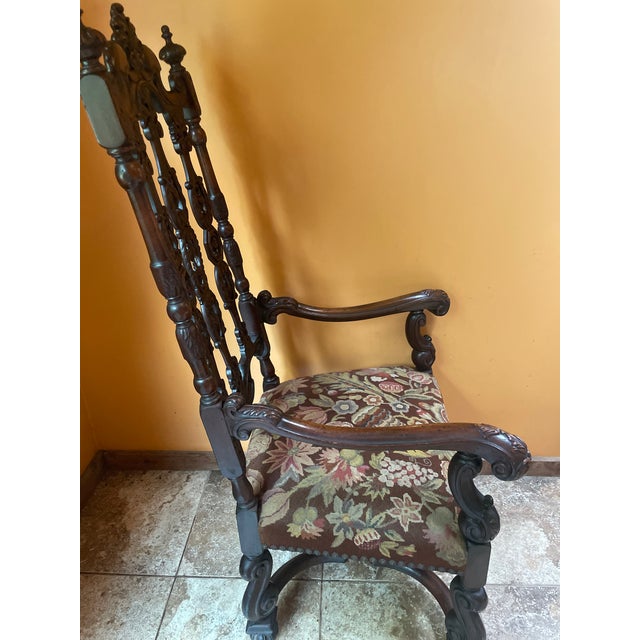 Antique Gothic Jacobean Style Carved Ornate Walnut Throne Accent Chair For Sale - Image 6 of 11