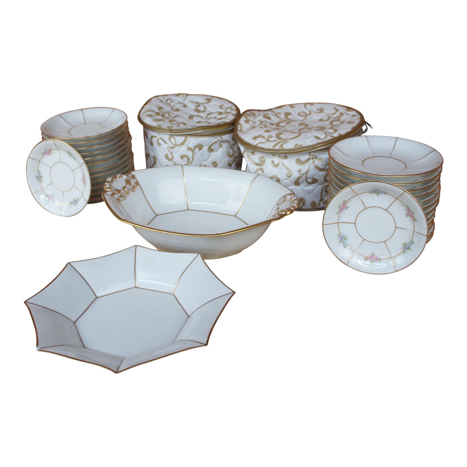 Antique J Pouyat Limoges France Gold Rim Octagonal Serving Dishes