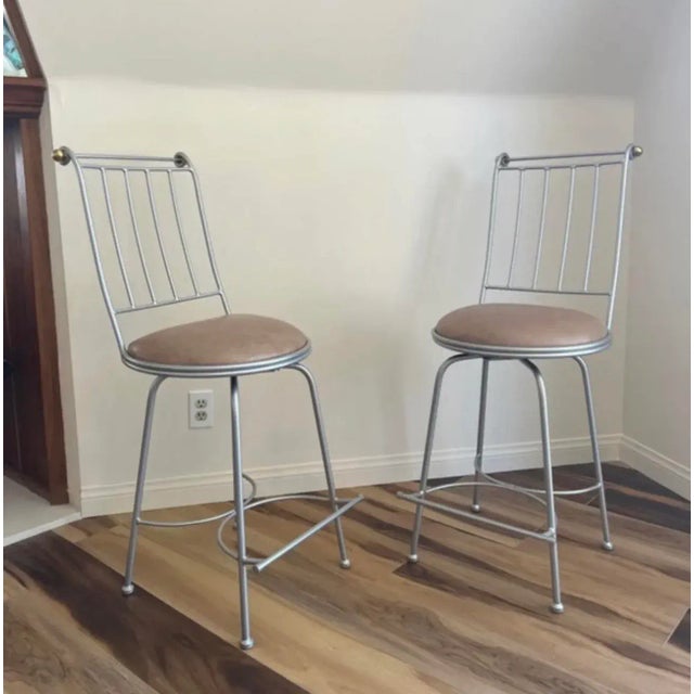 Mid Century Modern Charleston Forge Restored Brass Silver & Leather Swivel Barstools- a Pair For Sale - Image 11 of 11