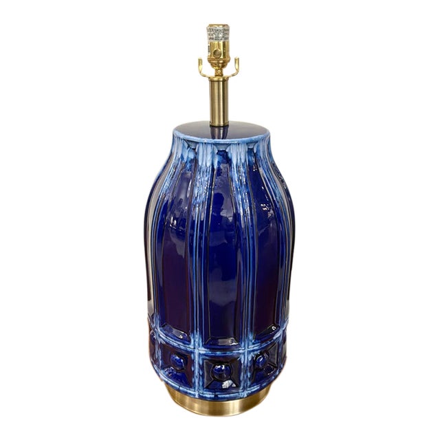Harp & Finial Large Mid-Century Style Lamp Blue Glaze. For Sale