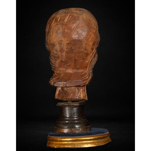 Mexican Spanish Colonial Artist, Carved Head of a Saint, Late 16th-Early 17th Century, Wood For Sale - Image 6 of 7