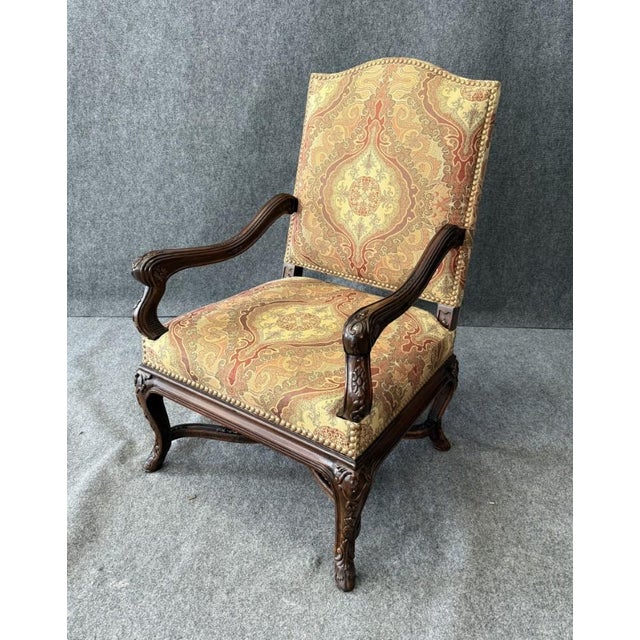 Wood Late 20th Century Traditional High-Back Upholstered Arm Chair For Sale - Image 7 of 10