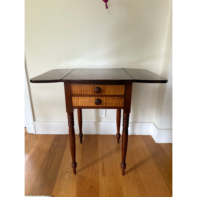 19th Century Sheraton Two Drawer Drop Leaf Side Table Mahogany/Tiger Maple Wood For Sale In New York - Image 6 of 10