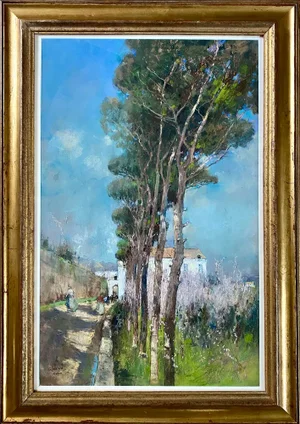 Giuseppe Casciaro, A Street in Naples, Large Pastel, 1906, Framed