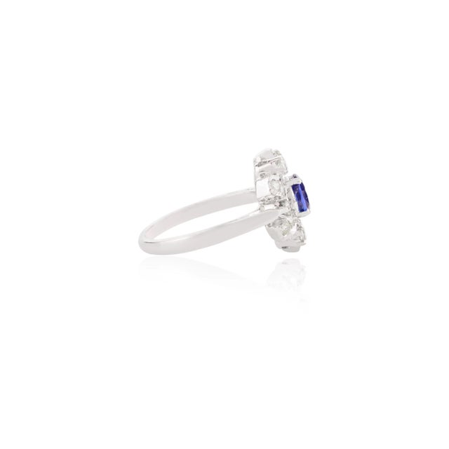 Not Yet Made - Made To Order 14k White Gold Floral Halo Diamond Blue Sapphire Princess Ring Size 7 For Sale - Image 5 of 12